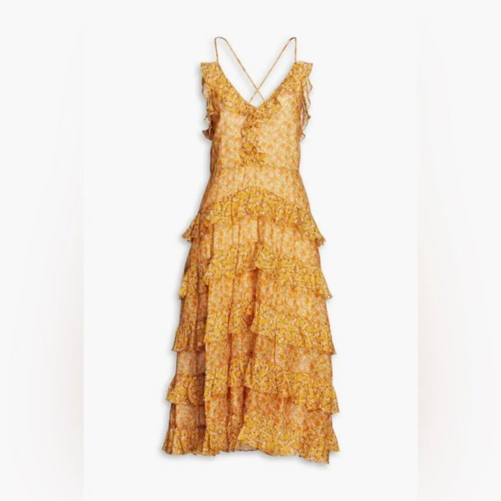 ❌❌SOLD❌❌450 MAJE Printed Cotton Voile Dress With Ruffles Orange | Womens Dresses - Picture 3 of 11